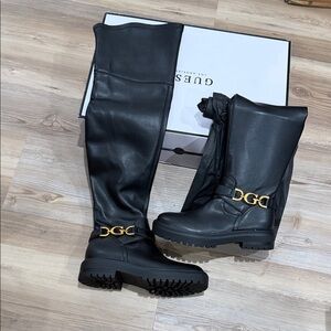Guess Black Leather Knee-High Boots with Gold Accent size US5.5 new with box